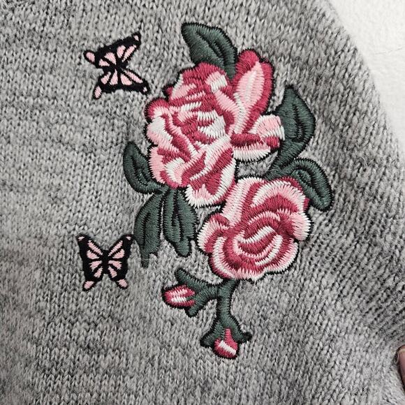 High Neck Grey Sweater with Embroidered Flowers/Butterflies. Size M - Picture 2 of 7